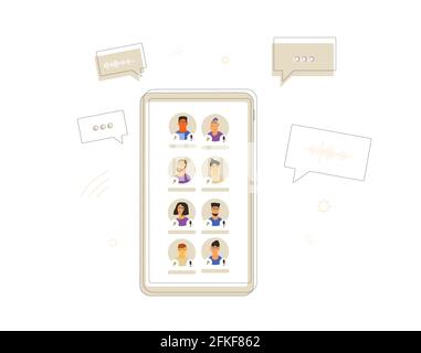 Social media networking app. Audio chat. Talking with friends with voice and phone. Online conference with different people. Vector illustrator. Stock Vector