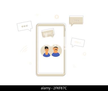 Online call. Social media networking app. Audio and video chat. Talking with friends with voice and phone. Vector flat illustrator. Stock Vector