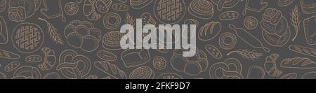 Hand drawn bakery seamless pattern. Horizontal border with food doodles. Vector illustration. Stock Vector