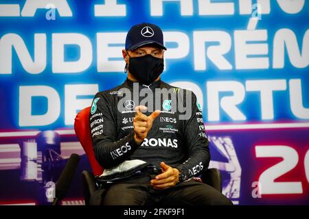 Portimao, Portugal. Saturday 1st May 2021. Valtteri Bottas (FIN) Mercedes AMG F1 in the post qualifying FIA Press Conference. Portuguese Grand Prix, Saturday 1st May 2021. Portimao, Portugal. FIA Pool Image for Editorial Use Only Credit: James Moy/Alamy Live News Stock Photo