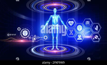 Skelton Analysis Virtual Reality A virtual reality 3d graphics showing rotating human skeleton model with medical icons on surrounding Stock Photo