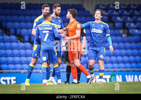 LONDON, UK. MAY 1ST tempers flare during the Sky Bet League 1 match between AFC Wimbledon and Portsmouth at the Kingsmeadow Stadium, Kingston on Saturday 1st May 2021. (Credit: Tom West | MI News) Credit: MI News & Sport /Alamy Live News Stock Photo