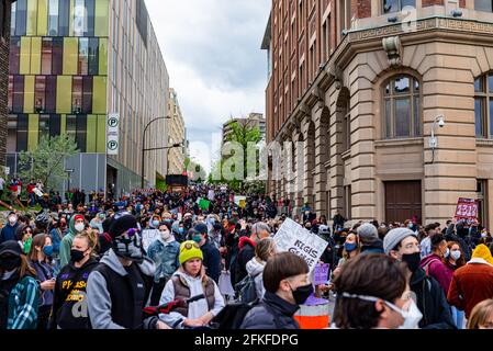 Montreal Quebec Canada May 31 2020: Black lives matter protest in Montreal by police headquarters during the COVID-19 pandemic Stock Photo