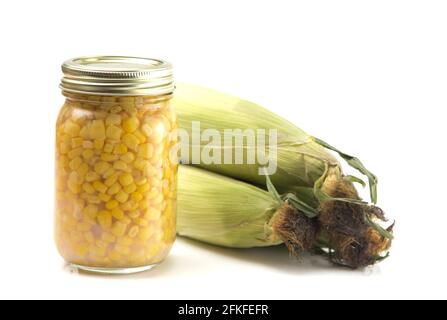 Corn Canned in a Home Canning Jar on a White Background Stock Photo