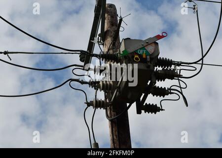 Electric pole high voltage transformer in the United Kingdom, UK Stock Photo