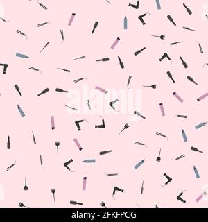 Seamless pattern with professional hairdressing tools. Beauty and hair salon accessories such as hair dryer,hairbrush, iron, comb, etc. Vector illustr Stock Vector
