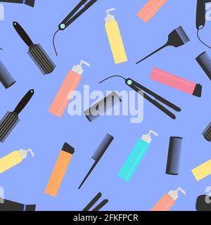 Seamless pattern with professional hairdressing tools. Beauty and hair salon accessories such as hair dryer, hairbrush, iron, comb, etc. Flat vector i Stock Vector