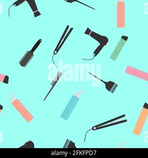 Seamless pattern with professional hairdressing tools. Beauty and hair salon accessories such as hair dryer,hairbrush, iron, comb, etc. Vector illustr Stock Vector
