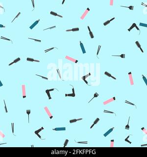 Seamless pattern with professional hairdressing tools. Beauty and hair salon accessories such as hair dryer, hairbrush, iron, comb, etc. Vector illust Stock Vector