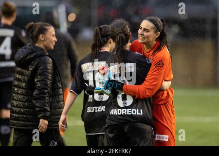 Lugano, Switzerland. 01st May, 2021. May 1st, 2021, Lugano, Stadio Comunale  Cornaredo, AXA Women's Super League: FC Lugano Femminile - FC Luzern, FC  Lugano players let the fans celebrate. In the picture from left: Erika  Vigano, Mathilda Andreoli