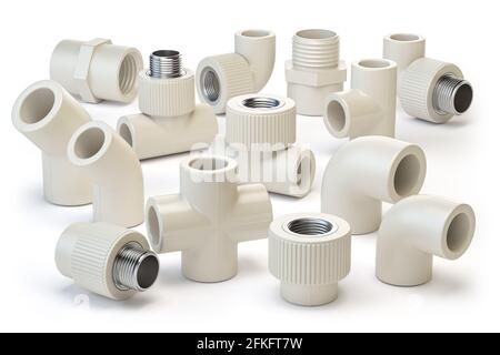 Set of PVC pipe fittings isolated on white. 3d illustration Stock Photo ...