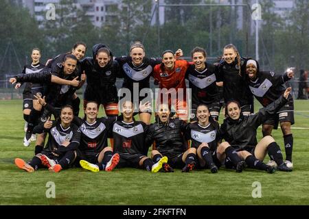 Lugano, Switzerland. 01st May, 2021. May 1st, 2021, Lugano, Stadio Comunale  Cornaredo, AXA Women's Super League: FC Lugano Femminile - FC Luzern, FC  Lugano players let the fans celebrate. In the picture from left: Erika  Vigano, Mathilda Andreoli