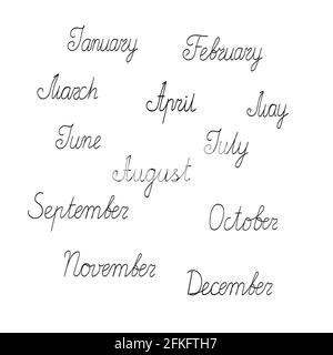 Months of the year names set, hand drawn vector illustration, calligraphic lettering for planner, calendar, schedule, timetable Stock Vector
