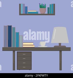 Desk with books and cup of coffee. Workplace of the student. Education concept. Easy to edit vector design template for your artworks, websites, socia Stock Vector