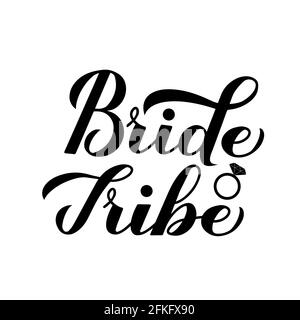 Bride Tribe calligraphy hand lettering with diamond ring isolated on white for bridal shower, wedding, bachelorette party, hen party. Vector template Stock Vector