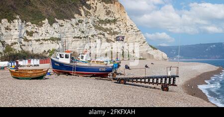 Panoramic view of small fishing boats moored on shingle beach in Beer, Devon, UK on 21 April 2021 Stock Photo