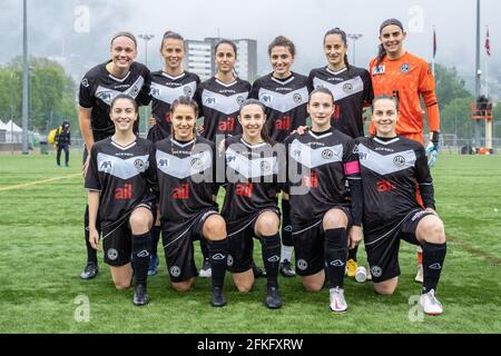 Lugano, Switzerland. 01st May, 2021. May 1st, 2021, Lugano, Stadio Comunale  Cornaredo, AXA Women's Super League: FC Lugano Femminile - FC Luzern, FC  Lugano players let the fans celebrate. In the picture from left: Erika  Vigano, Mathilda Andreoli