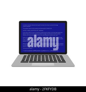 Laptop with blue screen of death BSOD . System crash report. Fatal error of software or hardware. Broken computer vector illustration. Easy to edit te Stock Vector