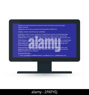 Desktop monitor with blue screen of death BSOD . System crash report. Fatal error of software or hardware. Broken computer vector illustration. Easy t Stock Vector