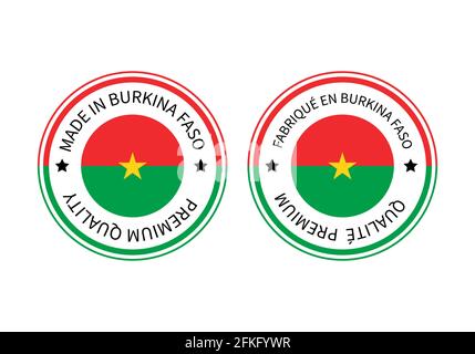 Made in Burkina Faso round labels in English and in French languages. Quality mark vector icon. Perfect for logo design, tags, badges,emblem, product Stock Vector