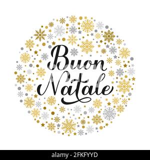 Buon Natale calligraphy hand lettering with gold and silver snowflakes, stars and dots. Merry Christmas typography poster in Italian. Vector template Stock Vector