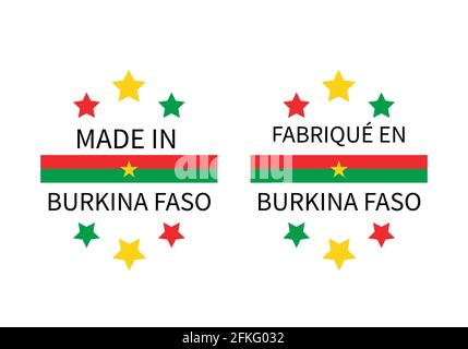 Made in Burkina Faso labels in English and in French languages. Quality mark vector icon. Perfect for logo design, tags, badges, stickers, emblem, pro Stock Vector