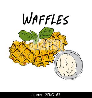 Hand drawn sketch of Belgian waffle bread. Vector drawing of Waffle ...