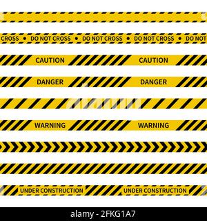 Caution tapes. Set of 9 seamless warning tapes isolated on white. Black and yellow stripped ribbons. Danger, Under construction, Do not cross, Police Stock Vector