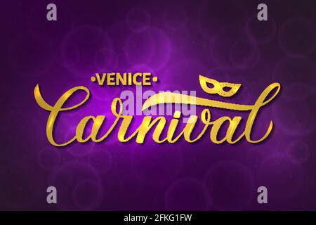 Venice carnival poster. Carnival gold calligraphy lettering with mask on bright purple blurred bokeh background. Masquerade party poster or invitation Stock Vector