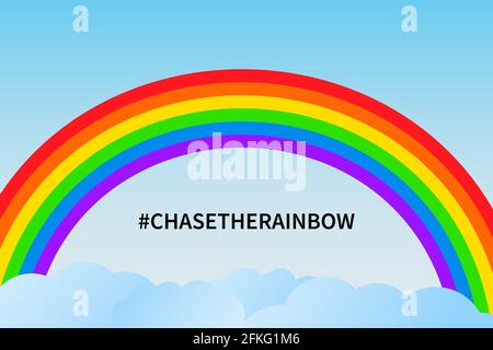 Chase the rainbow vector illustration. Rainbow in blue sky and clouds. Hope for victory over the coronavirus COVID-19 pandemic. Template for banner, p Stock Vector