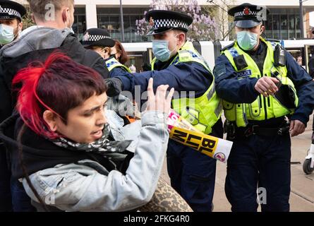 Manchester UK, 1st May 2021, Kill the Bill. Protestor reacts to police advance.Protest began in St Peter’s square Manchester. Protesters are rallying against government legislation aimed at curtailing disruptive protests in the UK.  Picture Credit : garyroberts Stock Photo