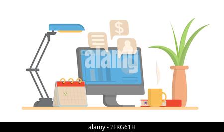 Workplace vector banner illustration. Vector freelancer workplace flat design. Stock Vector