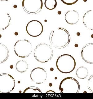 Brown shape of coffee stains and drop splashes seamless pattern. Coffee cup bottom rings isolated on white. Grunge circles and splatter. Easy to use v Stock Vector