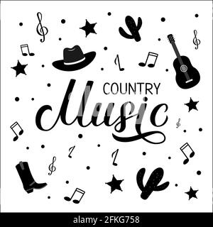 Country Music lettering with hat, notes and guitar isolated on white. Acoustic guitar musical show typography poster. Easy to edit vector template for Stock Vector