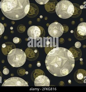 Illustration of dog on golden coins with text and silver coins with pyramids on a black background Stock Photo