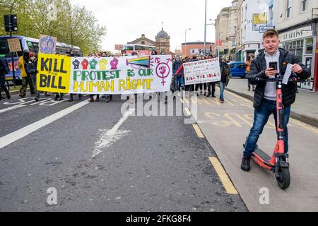 Bristol, UK. 1st May, 2021. Kill the bill protesters are pictured as they take part in Bristol’s 11th ‘Kill the Bill’ protest. The protesters took to the streets of Bristol again to demonstrate about the police crime sentencing and courts bill which the UK government wants to bring into force.The bill includes major government proposals on crime and justice in England and Wales.  Credit: Lynchpics/Alamy Live News Stock Photo