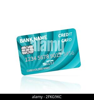 Glossy blue credit card with reflection isolated on white. Detailed plastic card with silver embossed symbols. Shopping and e-commerce concept. Easy t Stock Vector