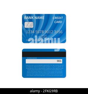 Realistic blue credit card isolated on white. Detailed plastic card with silver embossed symbols. Front and back sides. Online payment and shopping co Stock Vector