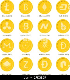 Set of 16 crypto currency vector icons. Bitcoin, Litecoin, Dash, Zcash, Ethereum, Monero, Ripple, Dashcoin, Stratis, BitShares, NEO, Dogecoin, Bytecoi Stock Vector