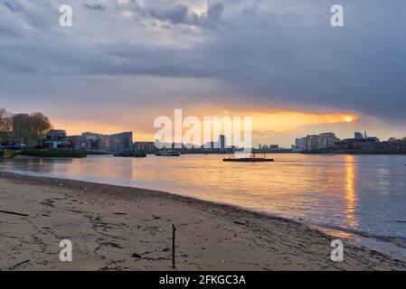 sunset sky over London, river Thames, dockland, East London, England Stock Photo