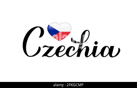 Czechia calligraphy hand lettering isolated on white. Czech flag in shape of heart. Easy to edit vector template for typography poster banner, flyer, Stock Vector