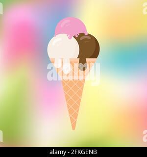 Ice cream on a blurred colorful background. Cartoon icecream cone in flat style. Concept of desserts. Summer vector illustration. Italian Gelato. Easy Stock Vector