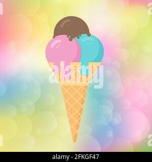 Ice cream on a colorful blurred bokeh background. Cartoon icecream cone in flat style. Concept of desserts. Summer vector illustration. Italian Gelato Stock Vector