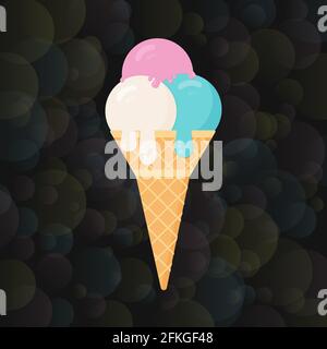 Ice cream on dark blurred bokeh background. Cartoon icecream cone in flat style. Concept of desserts. Summer vector illustration. Italian Gelato. Easy Stock Vector