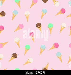 Colorful ice creams waffle cones seamless pattern. Summer dessert flat vector background. Delicious sweets for kids. Easy to edit template for birthda Stock Vector