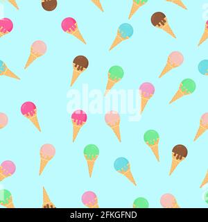 Colorful ice creams waffle cones seamless pattern. Summer dessert flat vector background. Delicious sweets for kids. Easy to edit template for birthda Stock Vector