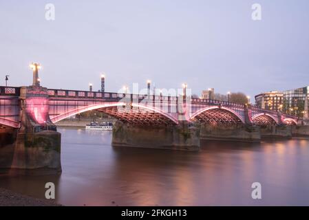 Illuminated River Lambeth Bridge Pink LED Lights by Leo Villareal Stock Photo