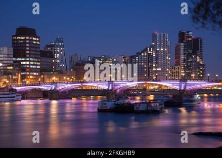 Illuminated River Lambeth Bridge Pink LED Lights by Leo Villareal Stock Photo