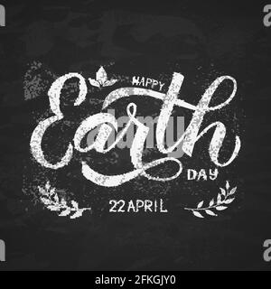 Happy Earth Day calligraphy hand lettering with leaves on chalkboard background. Typography poster template. Easy to edit vector template for banner, Stock Vector