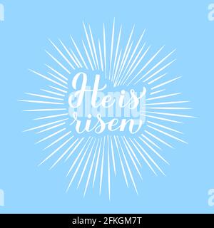 He is risen modern calligraphy hand lettering with rays on blue background. Christen Quote typography poster. Easy to edit vector template for Easter Stock Vector